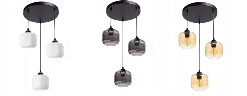 NOWOCZESNA LAMPA WISZĄCA SZKLANA PRĄŻKI E27 GRAFIT CHROM BURSZTYN BIAŁY KLOSZ BECZKA