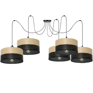 LAMPA WISZĄCA ŻYRANDOL SPIDER ABAŻUR Z DZIURKAMI DREWNO E27 5x30CM