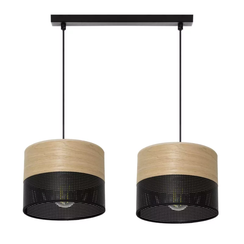 LAMPA WISZĄCA ŻYRANDOL ABAŻUR Z DZIURKAMI DREWNO E27 LED