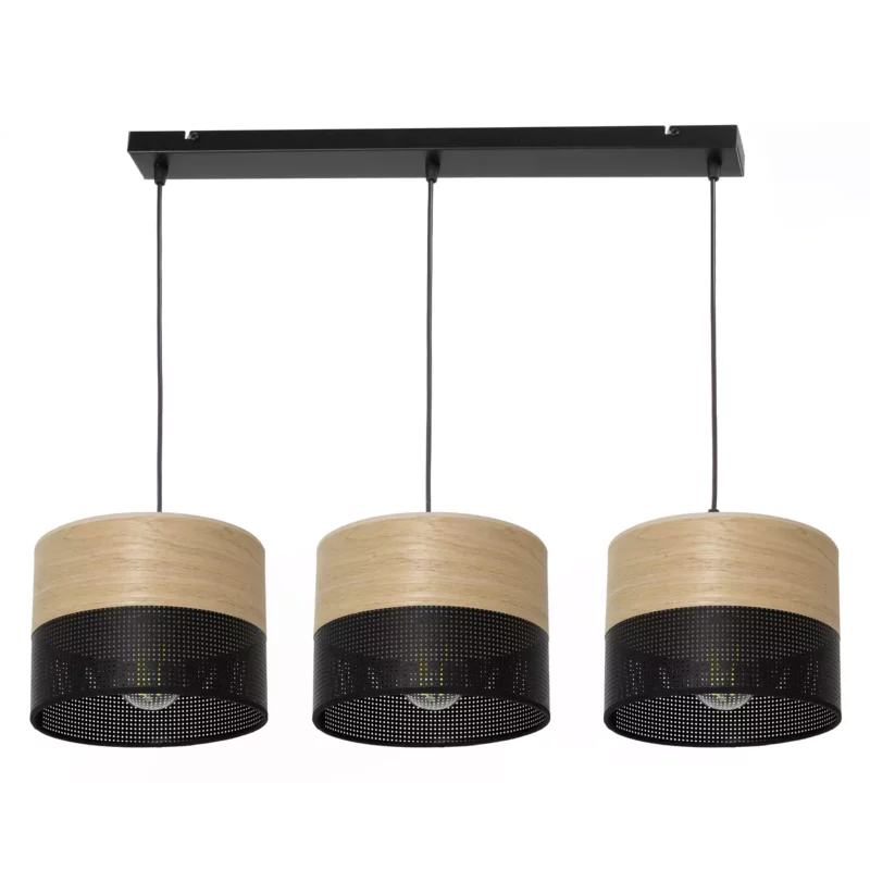 LAMPA WISZĄCA ŻYRANDOL ABAŻUR Z DZIURKAMI DREWNO E27 LED