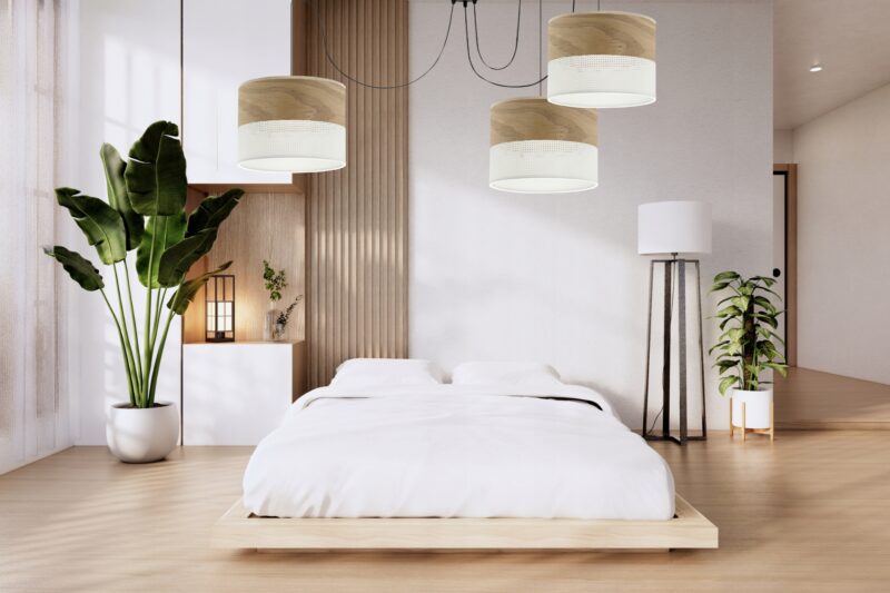 LAMPA WISZĄCA ŻYRANDOL ABAŻUR Z DZIURKAMI DREWNO E27 LED
