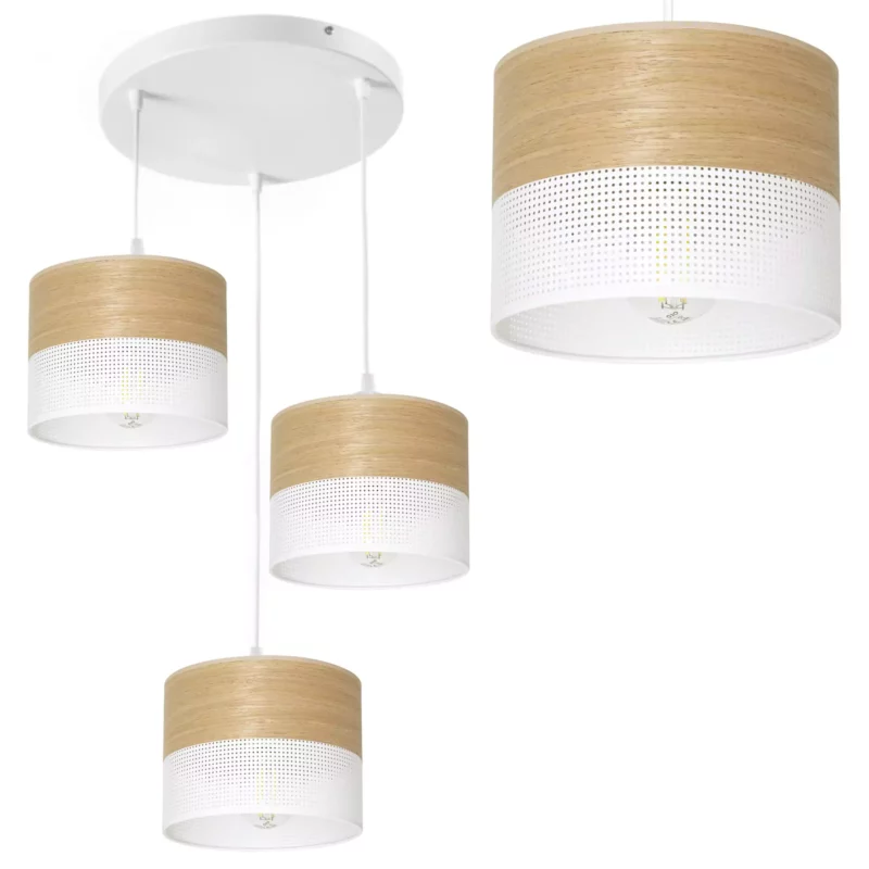 LAMPA WISZĄCA ŻYRANDOL ABAŻUR Z DZIURKAMI DREWNO E27 LED KOLORY BIAŁY / CZARNY