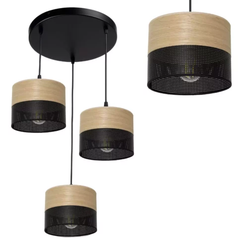 LAMPA WISZĄCA ŻYRANDOL ABAŻUR Z DZIURKAMI DREWNO E27 LED KOLORY BIAŁY / CZARNY